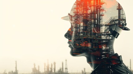 Generative AI of a double exposure Technician or Engineer head, an oil, gas, and petrochemical refinery facility demonstrates the future of electricity and the engineer - obrazy, fototapety, plakaty