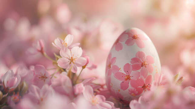 Easter Egg Painted and Decorated with Pink Floral Pattern Next to Cherry Blossom Branch and Flowers, Easter Background with Copy Space.