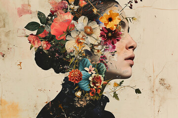 Abstract contemporary art collage portrait of young woman with flowers on face