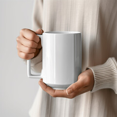 Woman in Cozy Jumper Holding White Mug in Close-Up Mockup Shot.