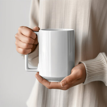 Woman in Cozy Jumper Holding White Mug in Close-Up Mockup Shot, Mock-up with White Big Cup.