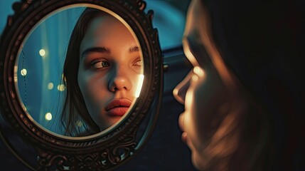 Portrait of a beautiful young woman looking at her reflection in the mirror - obrazy, fototapety, plakaty