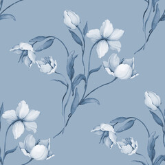 Seamless pattern with bouquets of wild flowers in indigo tones - 728675127