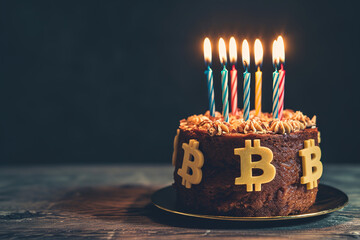 bitcoin sweet cake dessert edible, delicious cupcake with burning candle and golden bitcoin