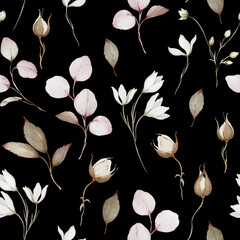 Seamless pattern with eucalyptus branches and rose buds in a watercolor style - 728675178