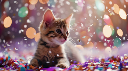 kitten celebrates a birthday, surrounded by a burst of colorful confetti, a funny and charming, bringing joy and laughter to the pet-friendly party