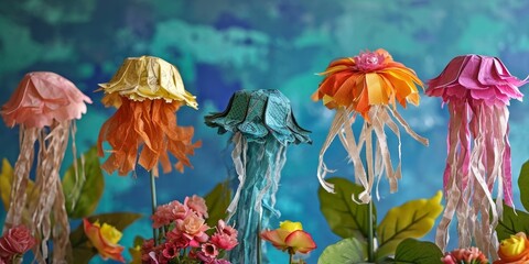 Making kids' craft jellyfish using natural materials like flowers, leaves, and cardboard, through recycling, Generative AI