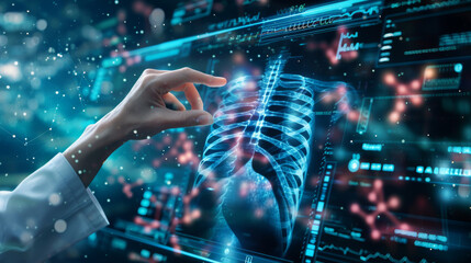 person is interacting with a futuristic medical interface displaying holographic images of human anatomy and various medical data - Powered by Adobe