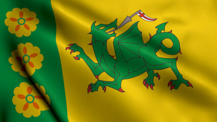 Fototapeta premium Evenley Village Flag. Waving Fabric Satin Texture Flag of the Evenley Village United Kingdom Banner Collection. High Detailed Flag Animation England, UK