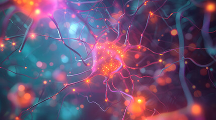 Obraz premium Data Symphony: Vibrant 3D Illustration of Neural Network and AI Cell