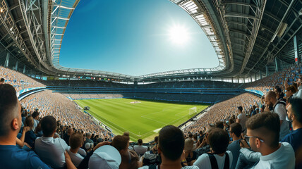 Wide angle of Sport fans at stadium are cheering for their team .