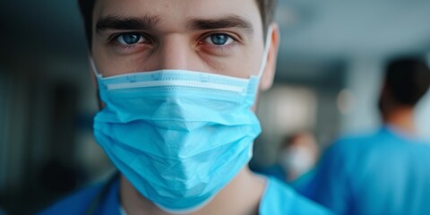 Fototapeta na wymiar healthcare male worker with mask close-up portrait Generative AI