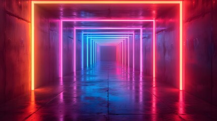 Square tunnel or corridor colorful neon glowing lights. Laser lines and LED technology create glow in dark room. copy space, wallpaper, mockup.