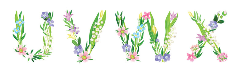 Fototapeta na wymiar Flower Alphabet with Blooming Meadow Flora Uppercase Letter Vector Set