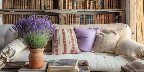 Country cottage inspired interior design featuring rustic elements such as boho cushions, lavender blooms, and antique books, Generative AI