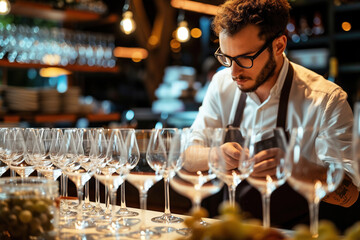 Man checking wine glasses, waiter, sommelier