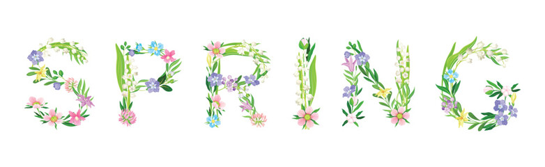 Spring Flower Word and Inscription with Blooming Meadow Flora Uppercase Letter Vector Set