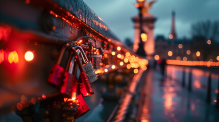 Closeup view of many locks locked on a metal bridge to express love