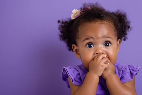 Nervous African American baby girl and biting nails in studio with oops reaction on purple background.