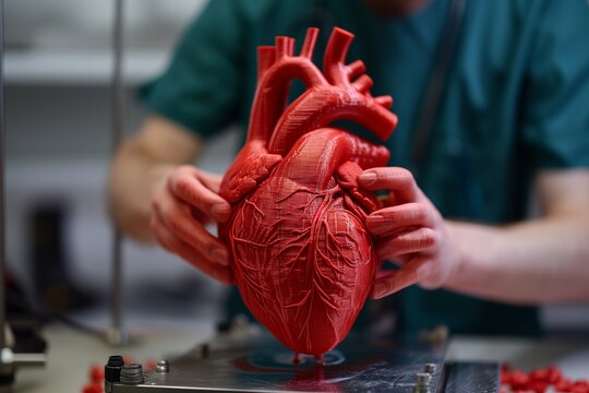 A detailed 3D printed model of a human heart is being inspected by a hand against the backdrop of a 3D printer