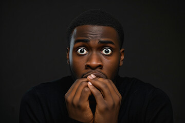 Nervous African American man and biting nails in studio with oops reaction to gossip on black background. - obrazy, fototapety, plakaty