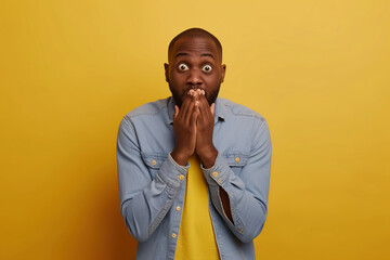 Nervous African American man and biting nails in studio with oops reaction to gossip on yellow background. Mistake, sorry, fake news, drama or secret with regret, shame or awkward