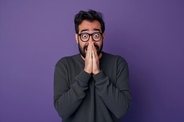 Nervous Latin man and biting nails in studio with oops reaction on purple background. Mistake, sorry, drama or secret with regret, shame or awkward