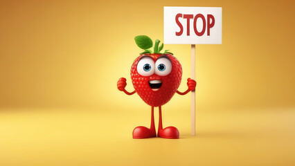 cartoon strawberry. a photo of a funny fruit, a berry holding a sign with the text "STOP" on a yellow background, in the pixart style.