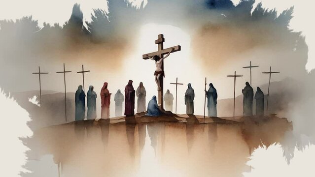 Watercolor image and splash animation: , symbolizing the suffering and death of Jesus Christ during the Holy Week. This image represents the Christian commemoration of Good Friday and Easter.