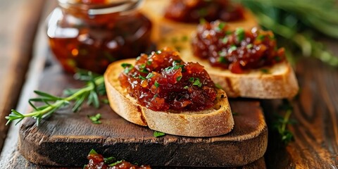Jar of bacon jam spread on toasted baguette. Close-up, Generative AI