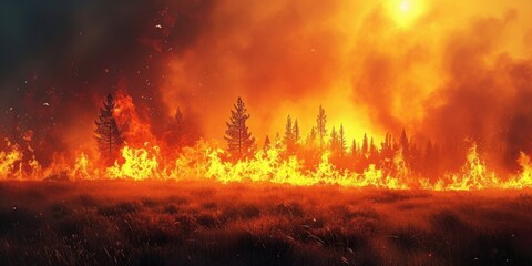Sunset wildfire in meadow, orange flames and smoke. Bush fire in wilderness, danger and disaster, Generative AI