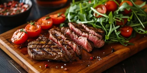 Rolgordijnen Close-up of sliced grilled beef striploin steak and salad with tomatoes and arugula on cutting board, Generative AI © Visual Vortex