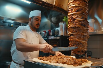 Chef in a traditional white uniform and tall chef's hat is carefully slicing meat from a large rotating doner kebab in a restaurant's kitchen - obrazy, fototapety, plakaty