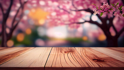 Empty wood table top and blurred sakura flower tree in garden background, for display or montage your products, Ai generated image