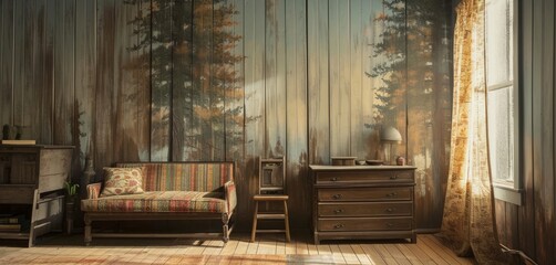 The vintage wallpaper in the old mountain cabin had a weathered and stained texture, adorned with...