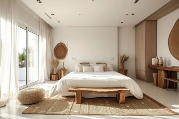 Fototapeta na wymiar House interior backdrop, warm white bedroom with brilliant furnishings natural wooden tables, contemporary style. Generative AI