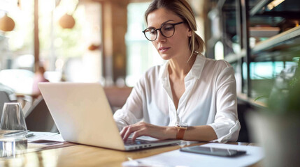 professional woman is sitting with a laptop