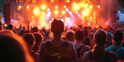 People with black and white silhouettes on their shoulders at a backlit music festival, Generative AI