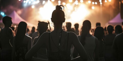 People with black and white silhouettes on their shoulders at a backlit music festival, Generative AI