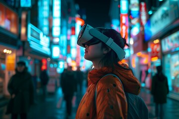A young woman immerses herself in a virtual reality simulation wearing VR - headset, standing amidst the vibrant neon signs of a bustling city at night.