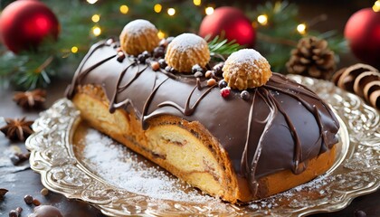 Fototapeta na wymiar french christmas dessert buche de noel delicious typical french xmas dessert baked biscuit rolled with chocolate cream and decorated with chocolate and sugar elements illustration