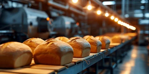 Tuinposter Bakery factory with bread made by automated production line, Generative AI © Visual Vortex