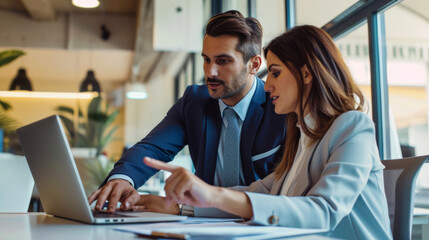 professional man and woman discussing work while looking at a laptop screen together in an office setting