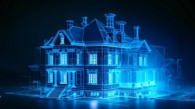 A holographic blueprint of a luxurious house or mansion illuminates the dark, revealing intricate architectural details and design elegance. 3D hologram
