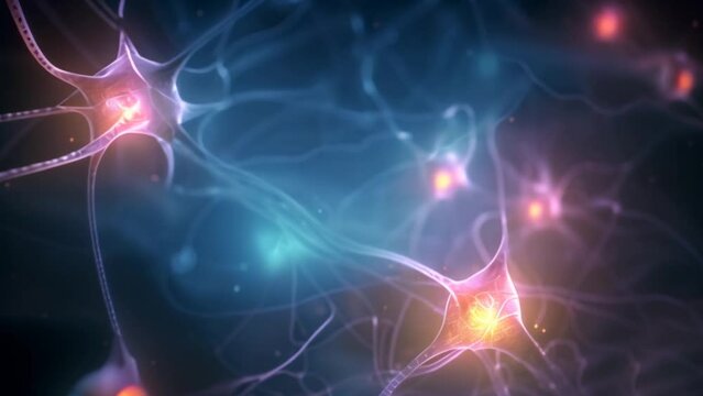 Close-up of blue neural networks, with synapses transmitting information within a brain. Animation of neuroscience: neurology and science to produce imaginative ideas