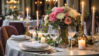 elegant table setting with beautiful flowers and candles in restaurant