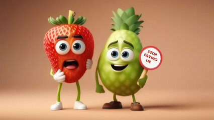 a photo of an outraged fruit, berries, holding a sign with the text "STOP EATING US", on a yellow background, in the pixart style