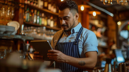 focused bearded man in a blue striped apron using a tablet in a bar setting - obrazy, fototapety, plakaty