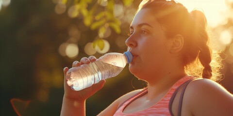 Overweight woman while jogging drinks water from a bottle Generative AI