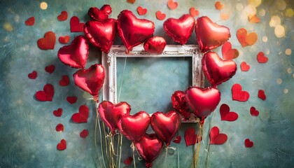 an evocative valentine s frame background where red heart shaped balloons
